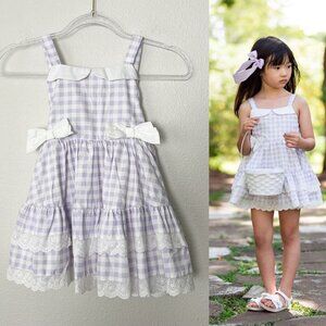 Three By The Sea Girls 7 Lavender Gingham Tiered Lace Trim Dress Spring Rare